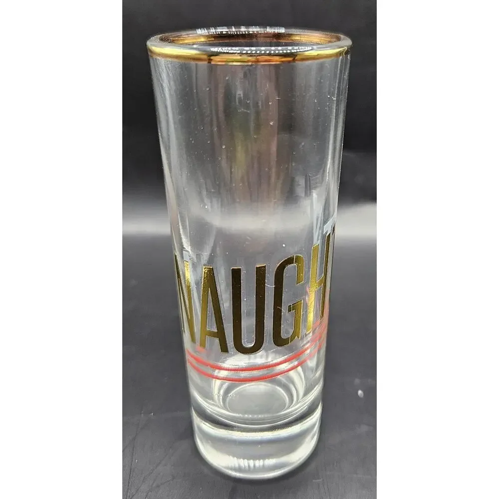 Pottery Barn Naughty & Nice Christmas Shot Glasses Gift Set Gold Rim BarWare